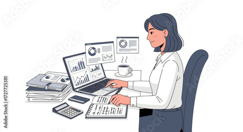 Professional Woman Analyzing Data on Laptop with Documents and Charts.