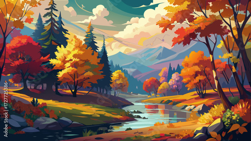 This abstract impressionist painting of a colorful autumn landscape captures radiant fall foliage, artistic depth, glowing atmosphere, bold contrasts, and poetic brushwork highlighting the charm of 