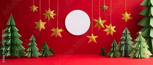 Creative papercraft Christmas scene with green trees and golden stars on a red background.
