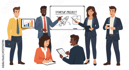 A diverse team of business professionals collaborating on a startup project presentation around a whiteboard.