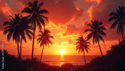 Silhouetted palm trees against vibrant orange sunset over calm ocean. Tropical coast glows with fiery clouds and setting sun over sea horizon.