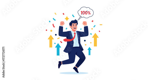 Excited businessman celebrating 100 success with confetti and upward arrows.