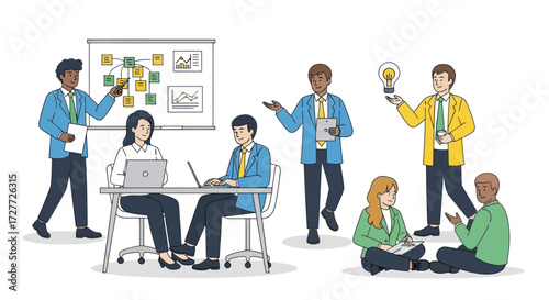 Diverse team collaborating on a project with a whiteboard and laptops.