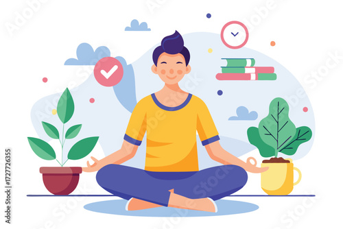 Smiling asian man meditates in lotus position surrounded by plants and books