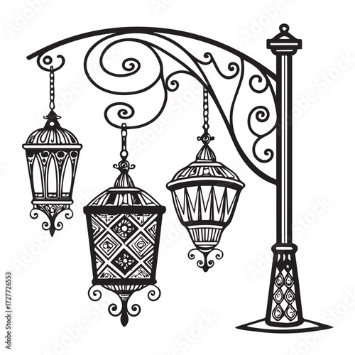 An ornate street lamp isolated on white background featuring four decorative lanterns hanging from an arched metal frame, showcasing intricate designs and vintage charm