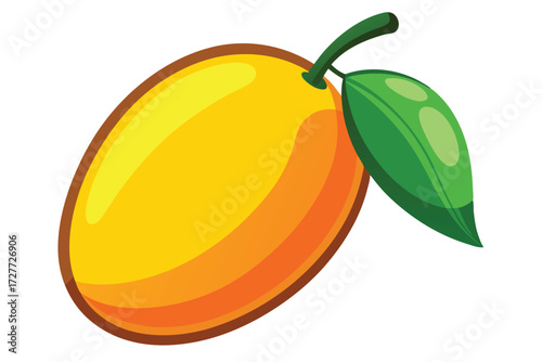 Cartoonstyle mango with a green leaf exhibits simple beauty against a pure white backdrop