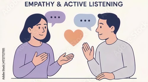 Two people sitting and talking in a calm, cozy environment, practicing empathy and active listening, one person speaking while the other attentively listens, nodding and showing understanding