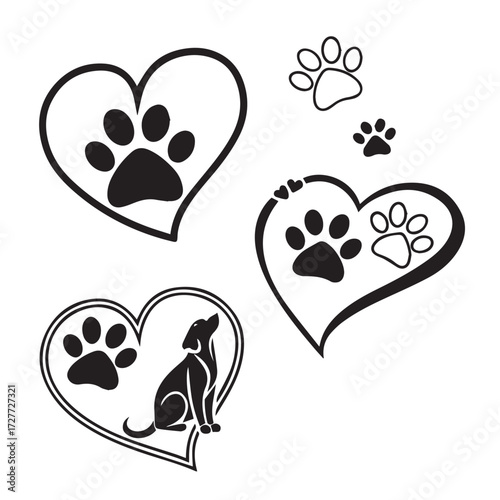 Illustration of dog paw prints inside hearts, isolated on white background, conveying love for pets, featuring a dog silhouette, and paw prints, creating a heartwarming and adorable design