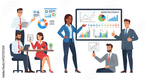 Diverse Business Professionals Presenting and Analyzing Marketing Strategy with Data Charts.
