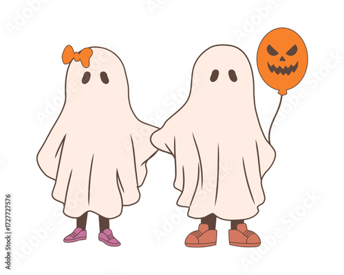 A cute ghost couple holding hands during a Halloween celebration, featuring a spooky orange jack-o'-lantern balloon illustration
