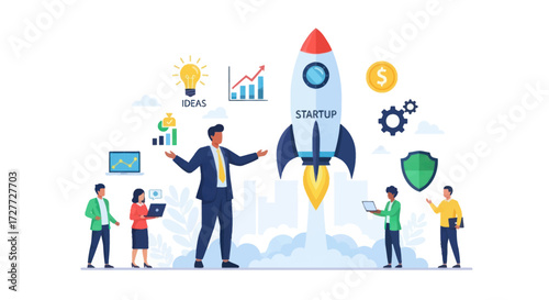 Businessman Leading Startup Rocket Launch with Team.