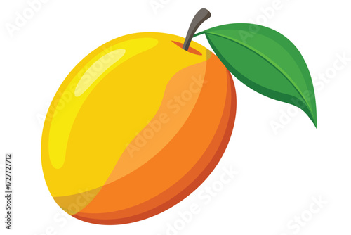 Glossy yellow fruit, showcasing vibrant orange gradients and a fresh green leaf, stands isolated