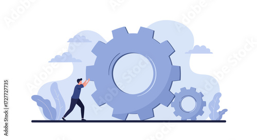 Man Pushing a Large Gear Illustrating Effort and Mechanical Process.