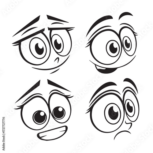 Four cartoonish faces isolated on white background display a range of emotions, from happiness and surprise to sadness and contemplation, each rendered with bold lines and expressive eyes