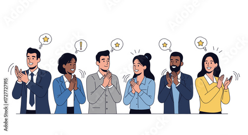 Diverse group of professionals applauding with positive feedback icons above their heads.