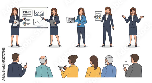 Diverse Businesspeople Giving Presentations and Engaging in Discussions.