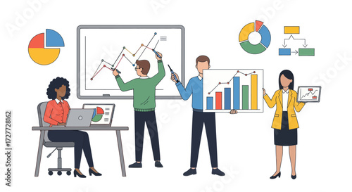 Diverse Business Team Analyzing Data with Charts and Graphs.