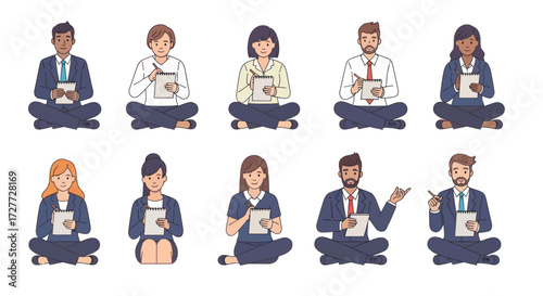 Diverse group of professionals meditating and working on tablets.