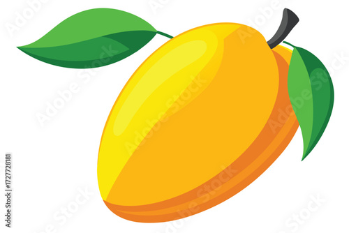 Cartoon mango fruit shows vibrant colors with lush green leaves attached to the stem