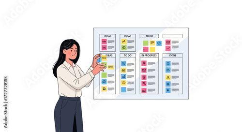 Professional Woman Presenting Project Management Board with Colorful Tasks.