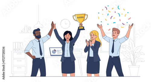 Team Celebrating Success: Holding Trophy Cheering and Confetti.