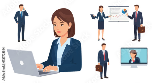 Diverse Business Professionals in Various Work Poses.