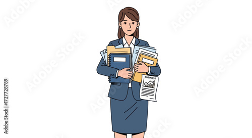 Professional woman in business suit holding a stack of documents and folders.