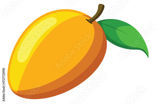Single cartoon mango with a stem and leaf lies on white surface showing bright color