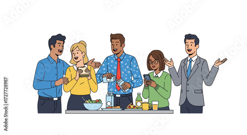 A diverse group of colleagues socializing and networking at a casual office party illustration.