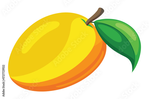 A vibrant yellow mango with a green leaf is displayed against a white background
