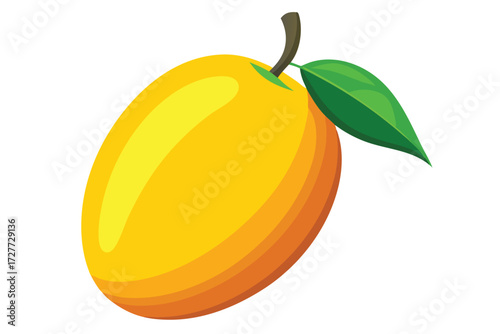 A glossy yellow plum hangs gracefully with a vibrant green leaf attached to its stem