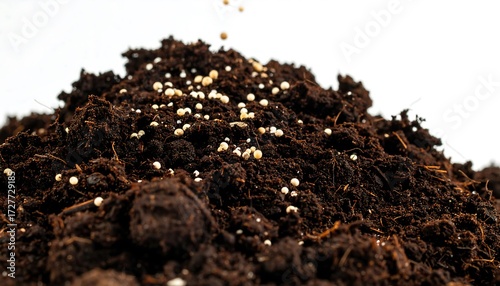 Dark, rich soil mound with small white seeds falling down, isolated against white