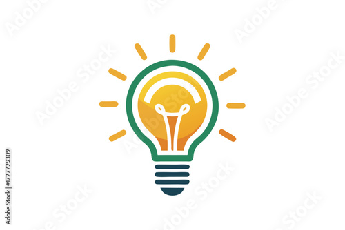 Bright orange light bulb with green outline emits simple light on white