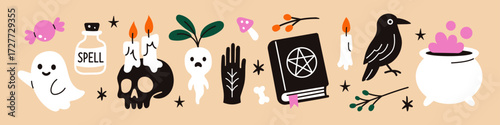 Vector cute and spooky halloween witchcraft doodle elements set. Collection of ghost, spell bottle, skull, candles, mandrake, pentagram book, raven, cauldron, mushrooms, bone, branches cliparts.