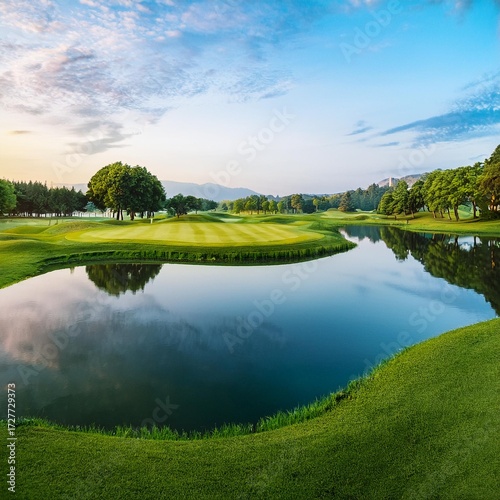 Beautiful view of meadow and amazing trees reflected on the water surface somewhere is popular for golf resorts, lakes, gardens, lake, marsh pools 