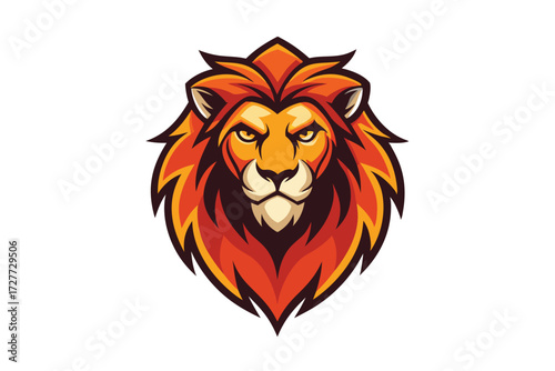 A fierce lion head displays orange and brown fur on a clean white background