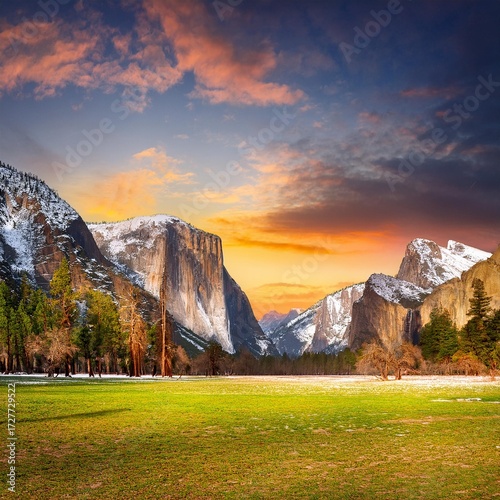 Beautiful view of the meadow and amazing trees somewhere famous. sun set in yosemite valley; winter landscape with dramatic sky, fresh green meadows, snowcapped andescrystal (1)
