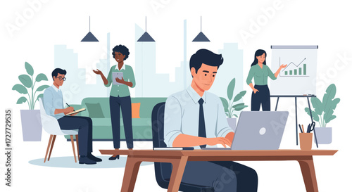 Diverse business team collaborating in a modern open-plan office environment with a man working on a laptop.