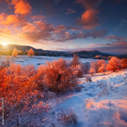 Evening landscape with beautiful natural winter snow, gorgeous and wild in autumn colors - red orange yellow colour 