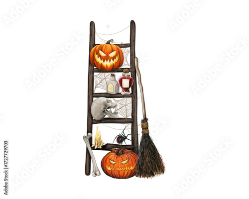 Watercolor Halloween arrangement on a decorative ladder with jack-o'-lanterns, a skull, potions, and a witch's broom