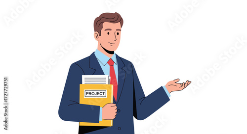 Businessman in Suit Holding Project Folder Gesturing with Hand.