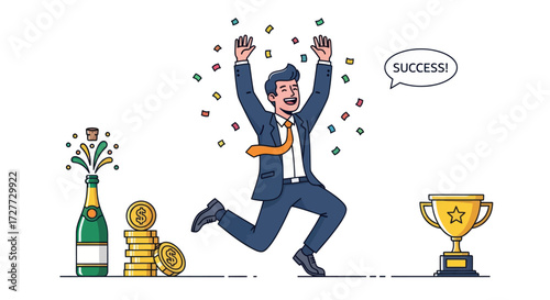 Excited Businessman Celebrating Success with Champagne Trophy and Coins.