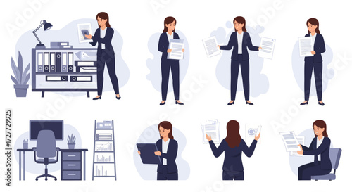 Businesswoman in Various Poses: Working Presenting and Reviewing Documents.