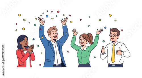 Diverse group of people celebrating with confetti and raised hands.