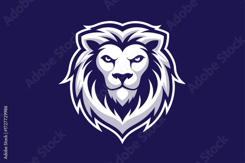 Majestic white lion head stares fiercely against a rich, deep blue background