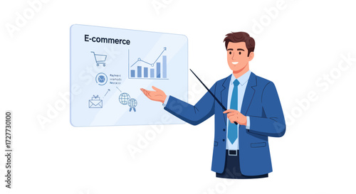 Businessman Presenting E-commerce Data and Analytics on Whiteboard.