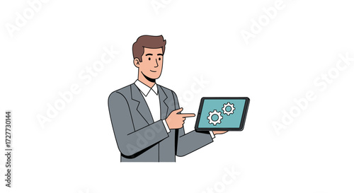 Businessman Presenting Tablet Displaying Gear Icon Graphics.