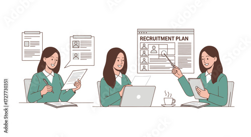 Illustrated businesswoman in various recruitment and business planning scenarios.