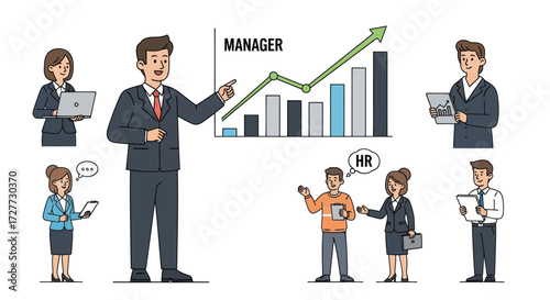 Business team with manager presenting growth chart and HR interaction.