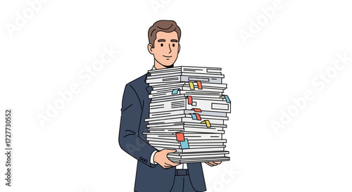 Professional Man Holding a Large Overwhelming Stack of Documents and Papers.